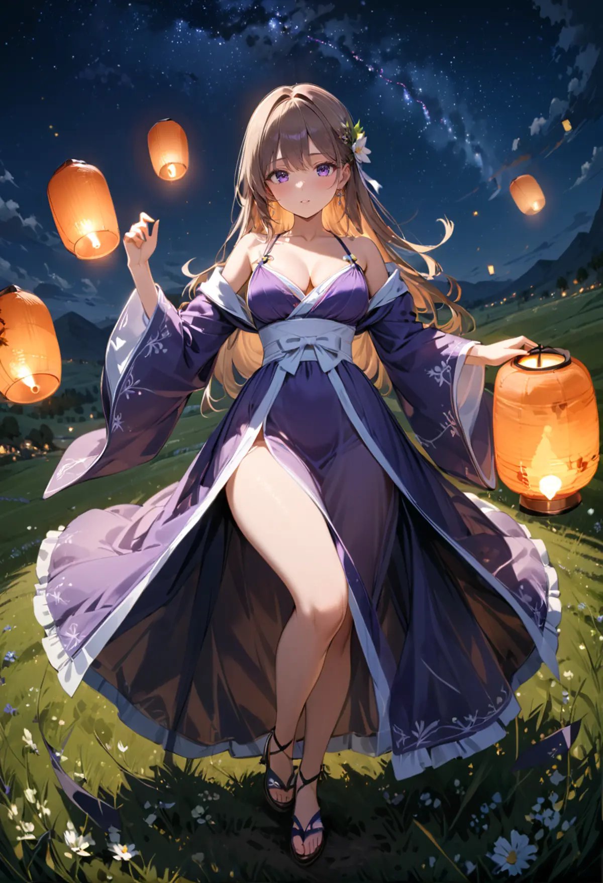 ,ruanyi0799,lantern,glowing,night sky,1girl,solo,hanfu,full body,dancing,hanfu,purple dress,see-through,wide sleeves,from below,,wide shot,fisheye,grasslands,<lora:0799 Kongming lantern_xl_v1:1>,<lora:WildcardX-XL-Detail-Enhancer:2>, masterpiece,best quality,ultra detailed,8K,super fine illustration,highly detailed beautiful face and eyes,perfect anatomy,professional lighting,