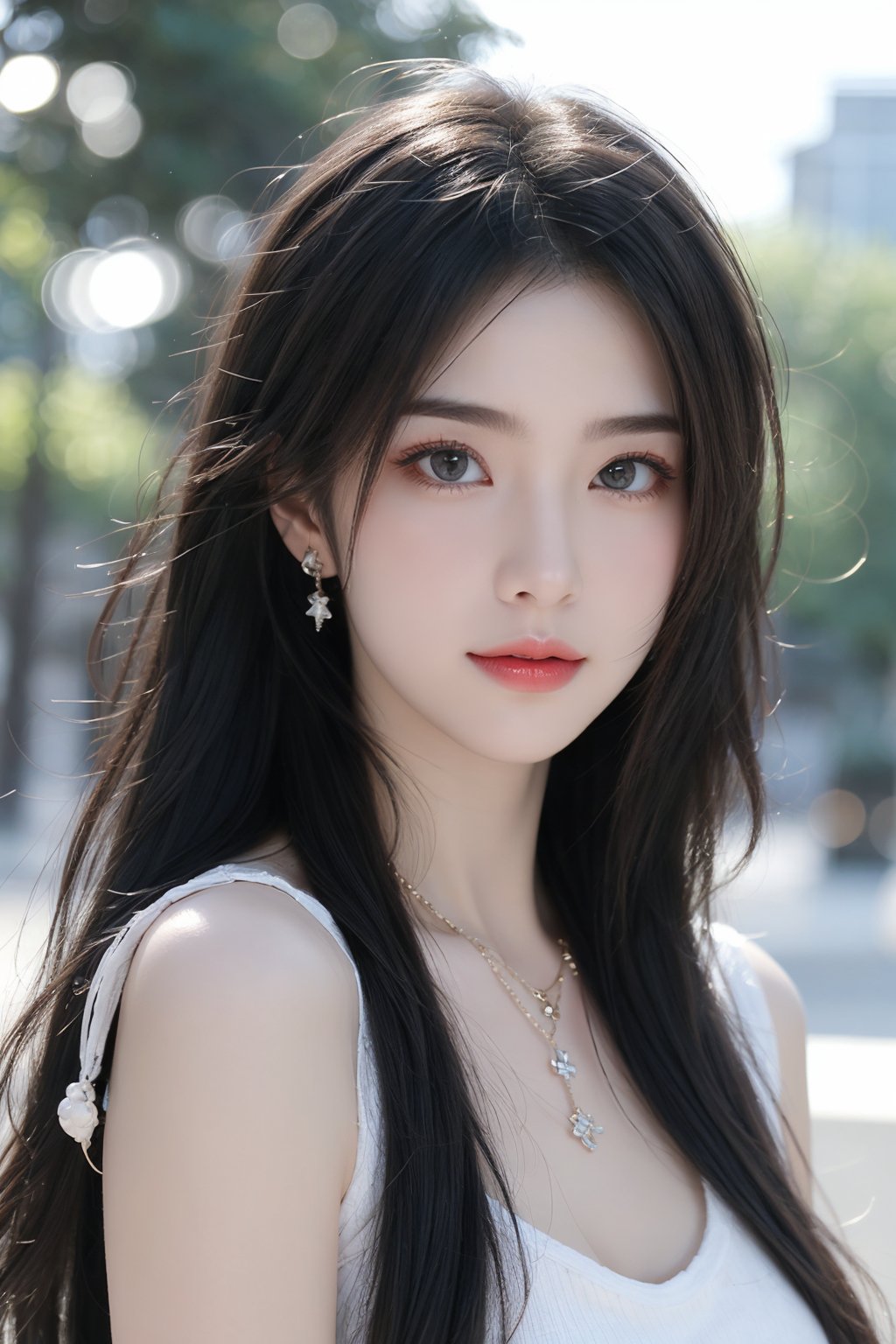 1girl, black hair, blurry, blurry background, bokeh, depth of field, jewelry, lens flare, lips, long hair, looking at viewer, necklace, outdoors, sleeveless, solo <lora:美女:0.8>