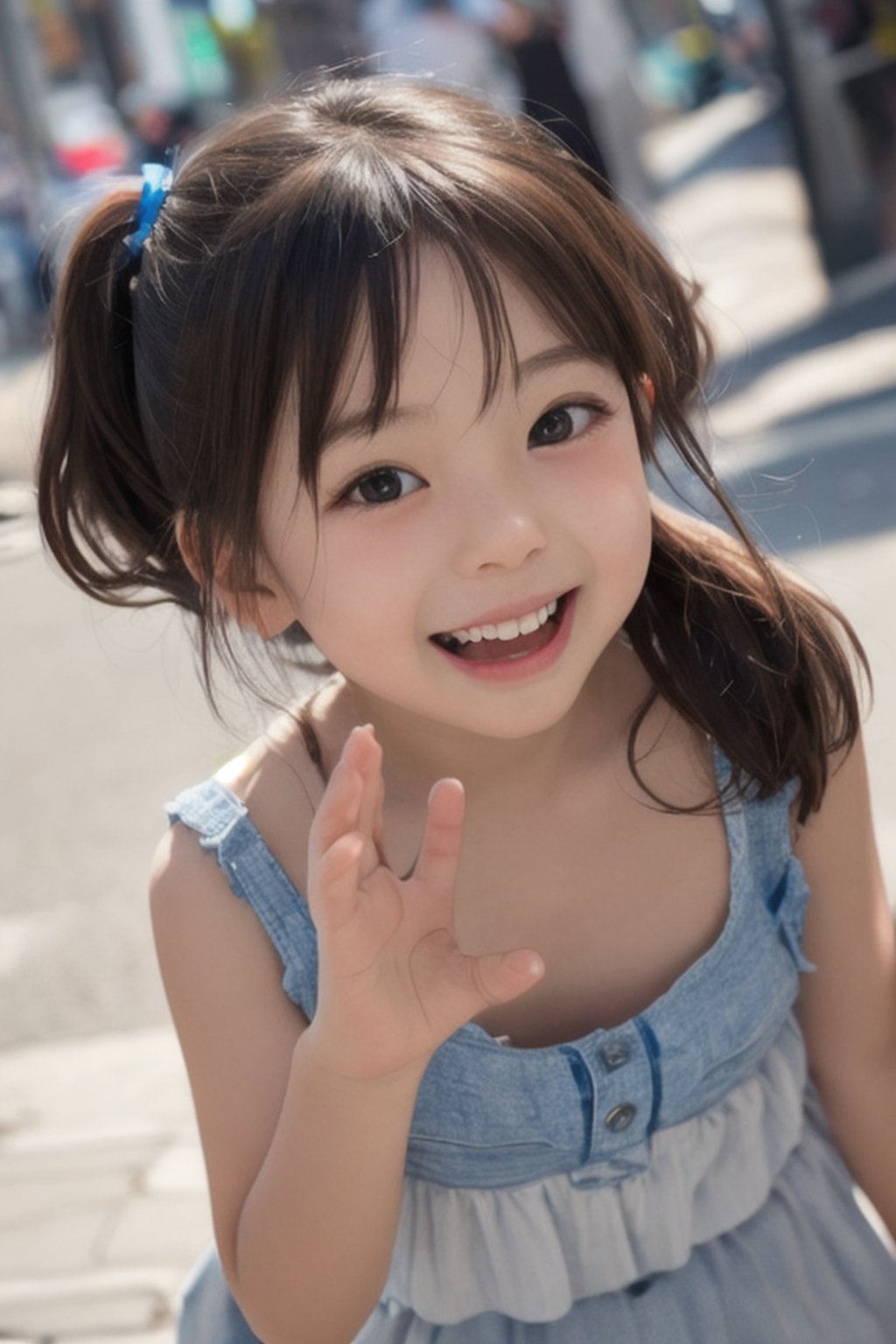 (RAW photo, best quality), masterpiece, beautiful and aesthetic, 16K, (HDR), (vibrant color), details, (potrait shot:1.2), japanese girls, (6 years old:1.4), with a happy expression, big eyes, teeth, happy laugh, moving face, red brown hair, pony_tail, camisole, kneel, raise hands on breast, sunshine, street, <lora:EMS-354973-EMS:0.400000>