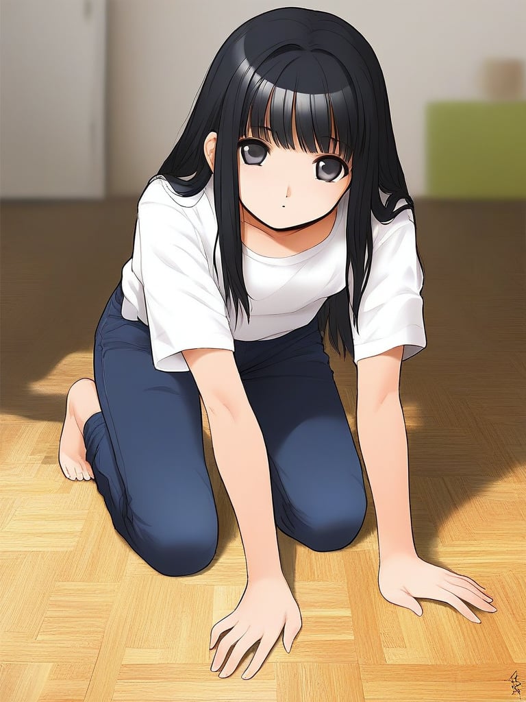 score_9, score_8_up, score_7_up, source_anime, rating_explicit, BREAK  <lora:Tsutsumi_Kinuka_Ver2.0_XL:1>  TsutsumiKinuka,  bangs,  long hair, black hair, black eyes,1girl, solo, looking at viewer, black eyes, bangs, blue half pants, white sleeve,room, flooring,