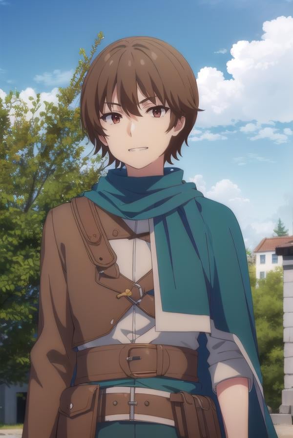 keyaru, <lora:keyaru s1-lora-nochekaiser:1>,keyaru, short hair, (brown eyes:1.5), brown hair, male focus, smile, grin,BREAK cape, armor,BREAK outdoors, forest, nature, grass, trees, sun, sky, clouds,BREAK looking at viewer, (cowboy shot:1.5),BREAK <lyco:GoodHands-beta2:1>, (masterpiece:1.2), best quality, high resolution, unity 8k wallpaper, (illustration:0.8), (beautiful detailed eyes:1.6), extremely detailed face, perfect lighting, extremely detailed CG, (perfect hands, perfect anatomy),