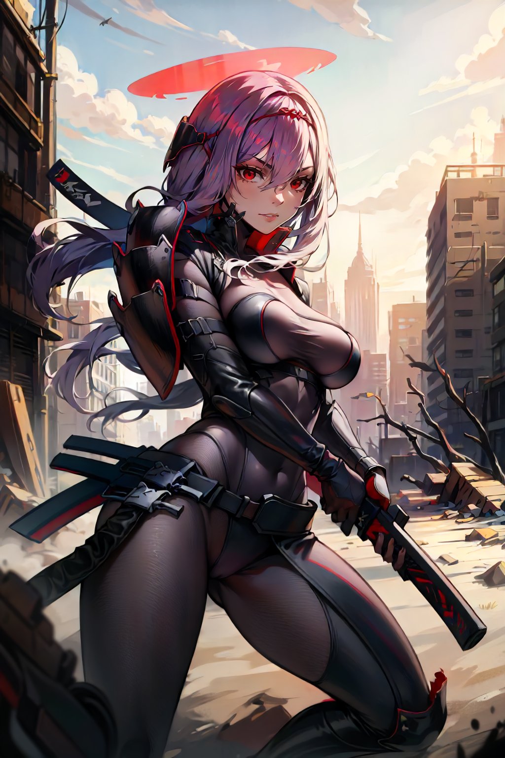 <lora:NIKKE_BSScarlet-DEF:0.8> scarletbs, solo, red eyes, headpiece, long hair, bodysuit, armor, holding weapon, red katana, combat pose, post apocalyptic cityscape, (high resolution, detailed, best quality, sharp)