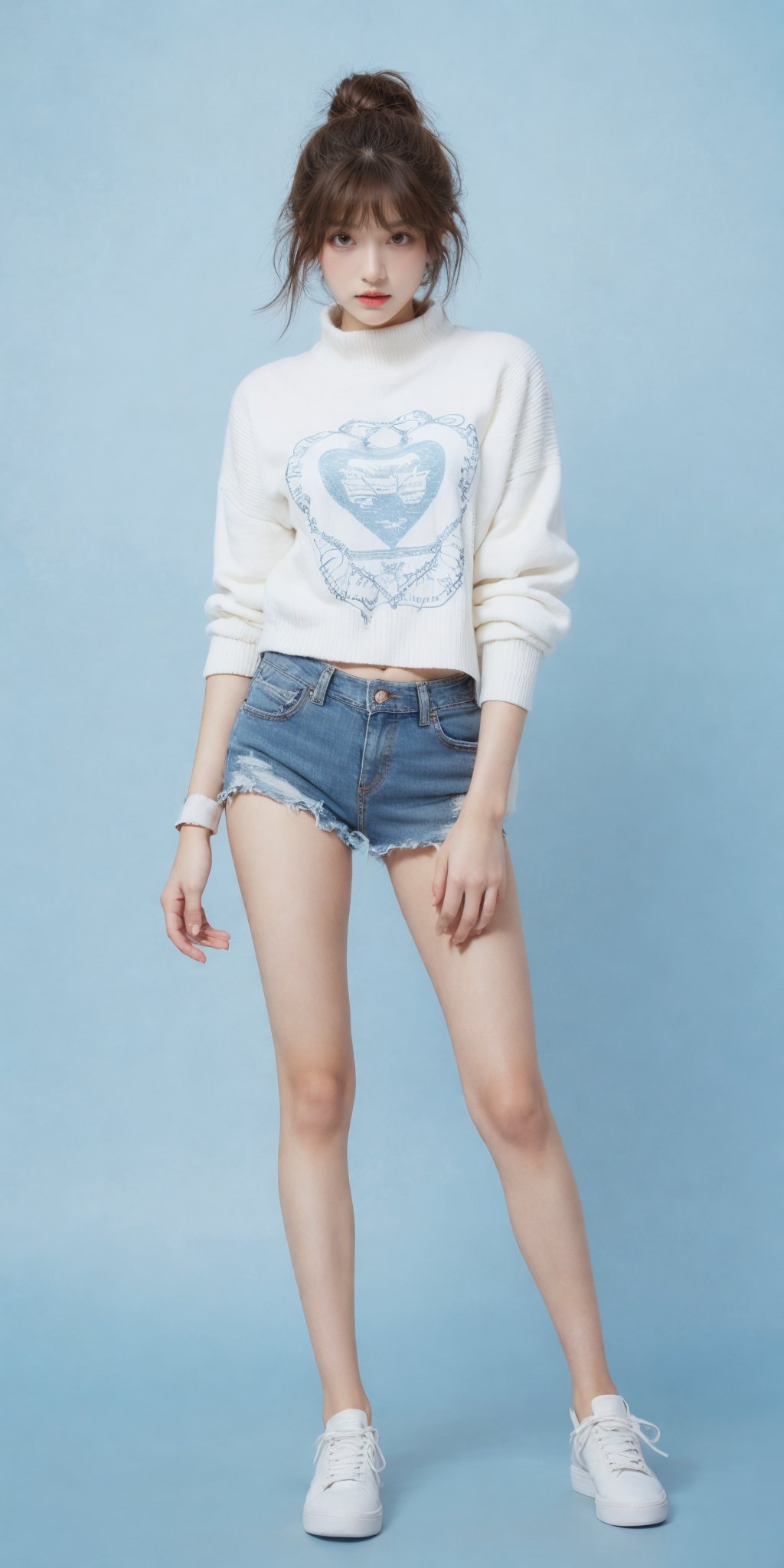 1girl,(standing:1.3),(denim_shorts:1.2),(blue background:1.3),(white sweater:1.2),white sneaker,