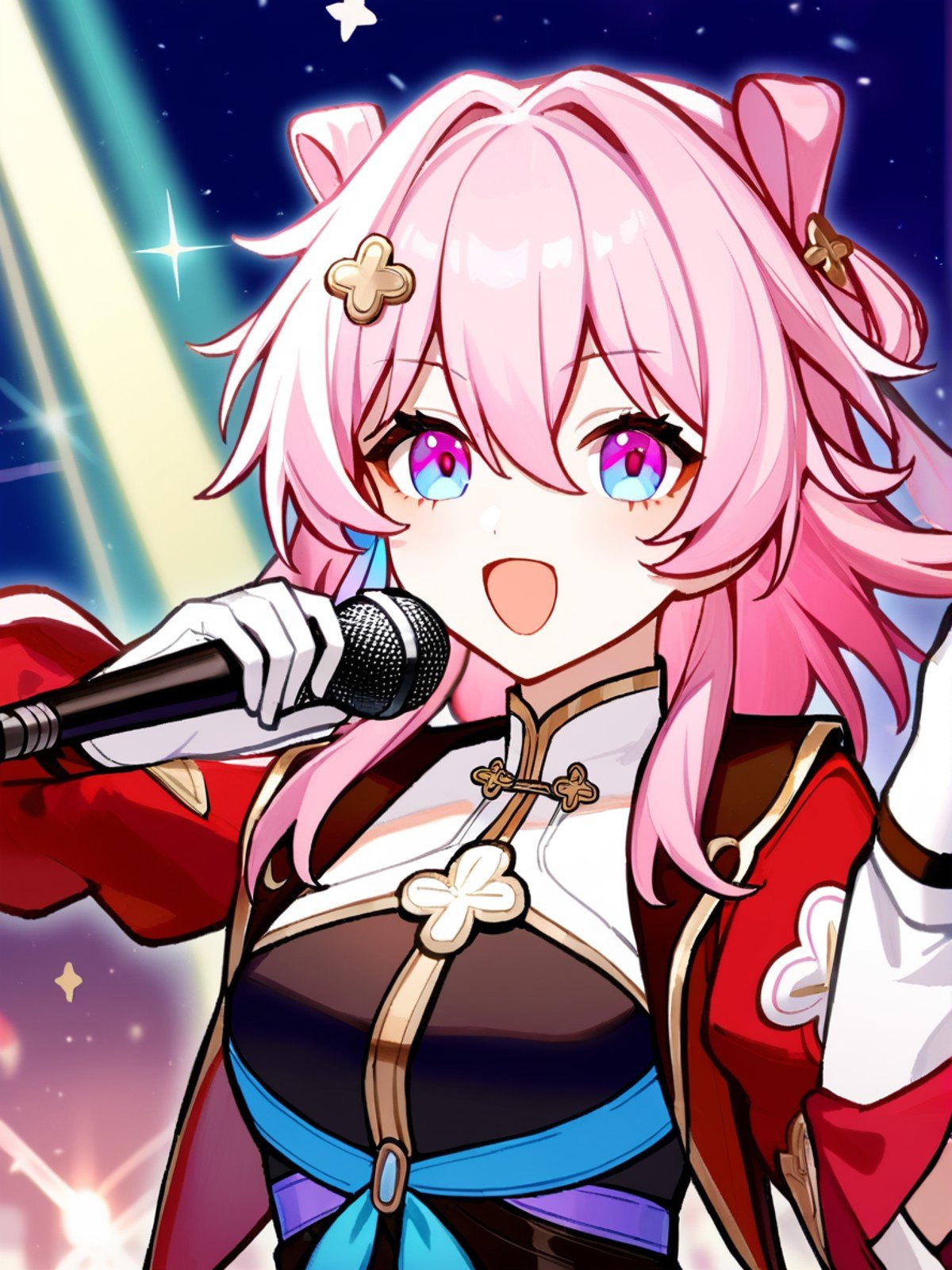 1girl,    march 7th \(hunt\) \(honkai: star rail\), solo, red sleeves, upper body, black bow, holding, purple eyes, white gloves, white shirt, open mouth, bow, pink hair, looking at viewer, long sleeves, gloves, shirt, holding microphone, microphone, long hair,   safe <lora:mki-ani31-march_7th_hunt-v4:1>