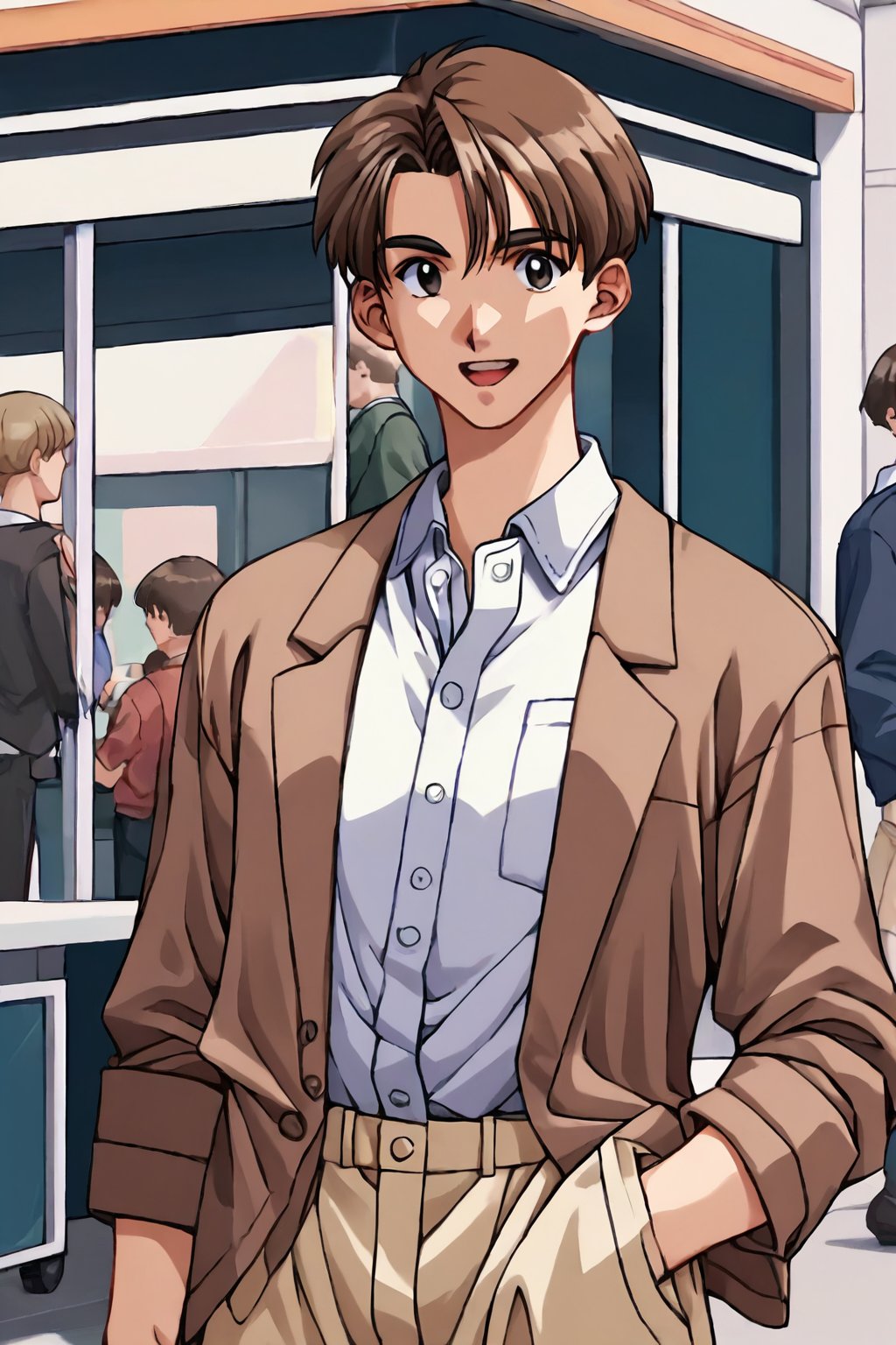 score_9, score_8_up, score_7_up, score_6_up, score_5_up, score_4_up, source_anime, s_m_tooru, 1990s \(style\), retro artstyle,1boy, solo, shirt, male focus, open mouth, smile, brown hair, black eyes, pants, arm behind head, collared shirt, facing viewer, brown pants, ^_^, pocket, long sleeves, formal, suit, brown jacket,masterpiece, perfect face, best quality, beautiful girl, cute girl, beautiful eyes, shiny eyes, anime coloring, anime screencap, absurdres, <lora:s_m_tooru auti:0.8>