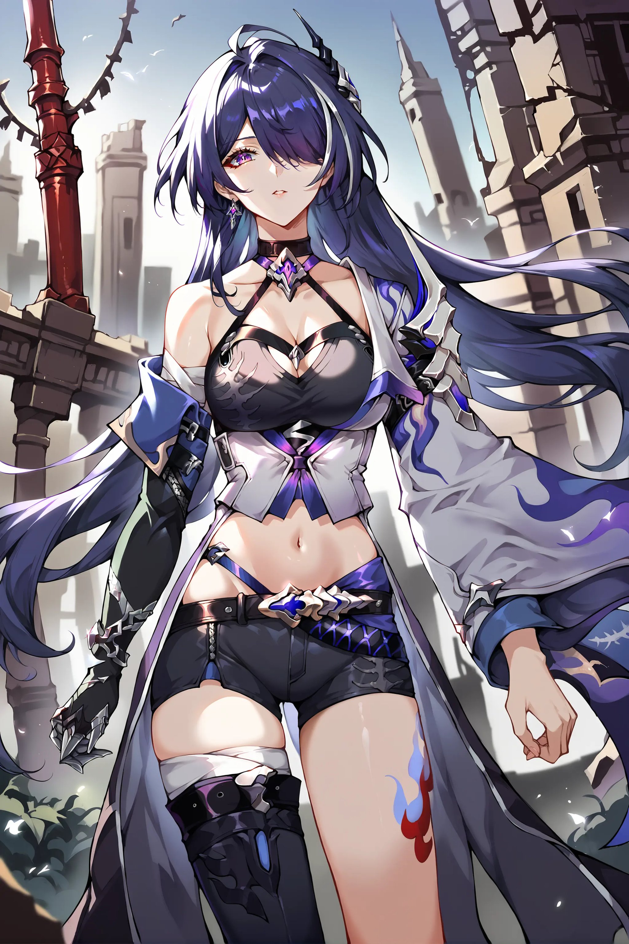 score_9, score_8_up, score_7_up, 1girl, acheron \(honkai: star rail\), solo, long hair, short shorts, leg tattoo, single thigh boot, standing, midriff, black gloves, hair ornament, choker, long coat, single sleeve, single gauntlet, uneven legwear, looking at viewer, city ruins, outdoors, depth of field, cowboy shot, looking at viewer <lora:Char-HonkaiSR-Acheron-Pony-V1:0.9>  <lora:urushihara-lora04_PonyXL:0.7>