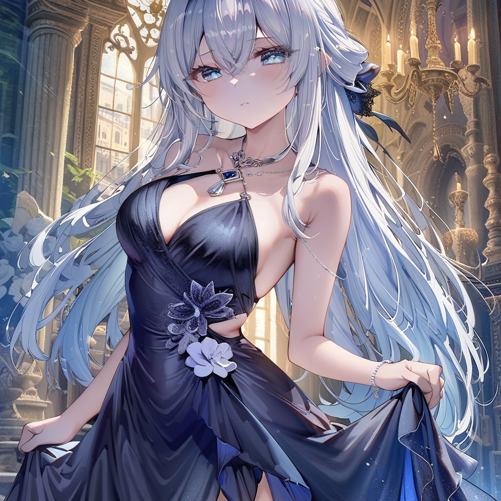 Noyu,line art,line style,1girl,solo,blue eyes,white hair,long hair,hair between eyes,cleavage,medium breasts,silver halter dress,necklace.halterneck,evening gown,cowboy shot,light smile,half-closed eyes,looking at viewer,skirt_hold,gothic architecture,Industrial wind,window_,sash,curtains,indoor,castle,chandelier,candlestand,masterpiece,bestquality,onnk,Torino,