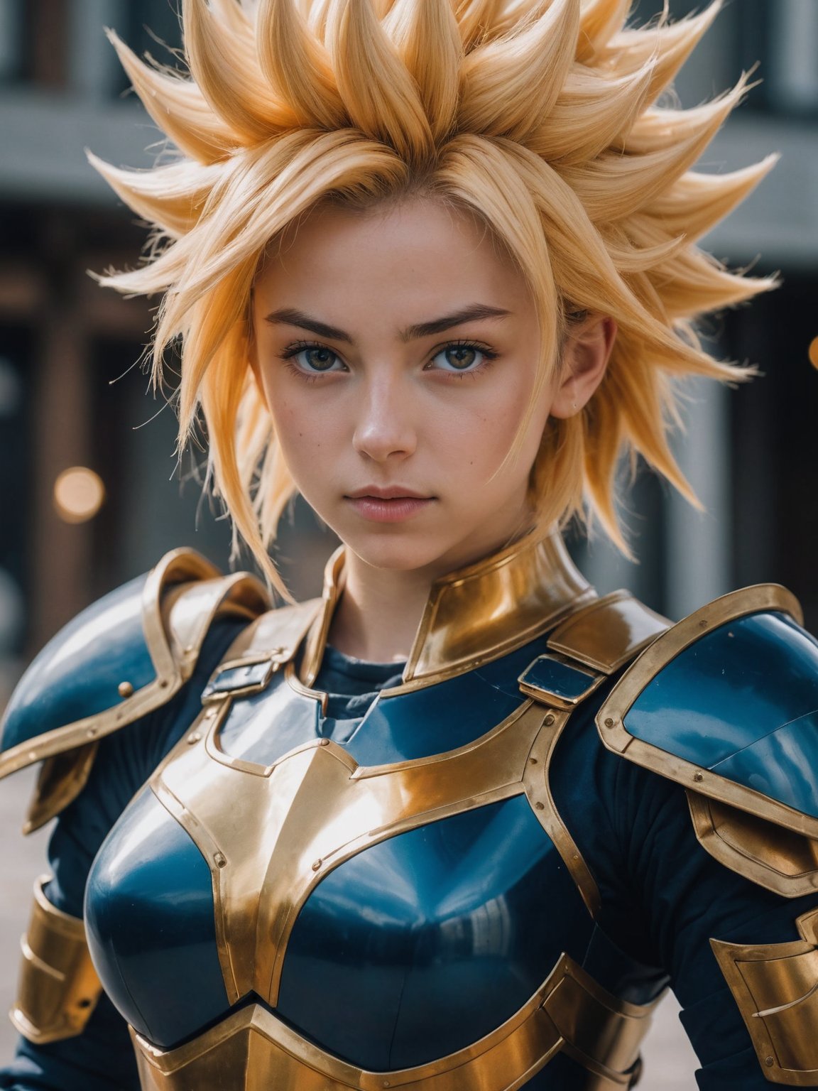 Photo of a girl,cinematic film still,super saiyan, full plate armor, ony fe 12-24mm f/2.8 gm, close up, 32k uhd, light navy and light amber, amazing quality, wallpaper, analog film grain