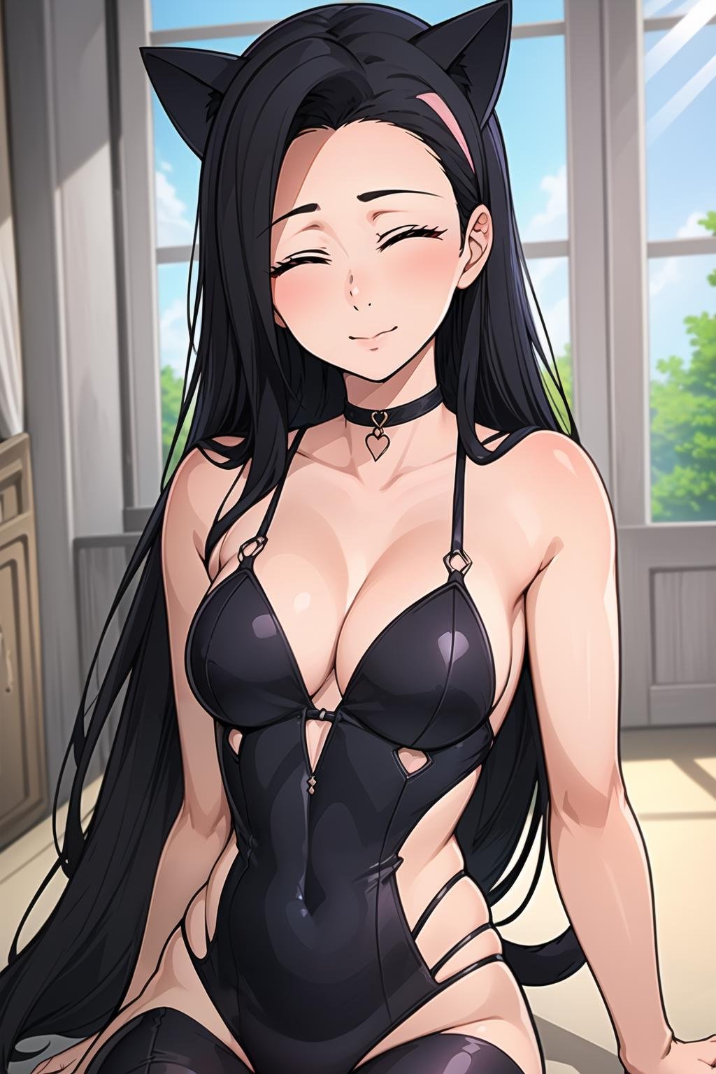 (masterpiece, best quality,ultra detailed),Guila,1girl,cat ear,long hair,slim,cute,shinny skin,single bangs,bangs,black hair,cleavage,sexy,black cat outfit,closed eyes,cat boots),(bare chest,big breasts,upper body,thigh,closed eyes,(day,indoors,rays),(sit,calm),<lora:Guila:0.7>