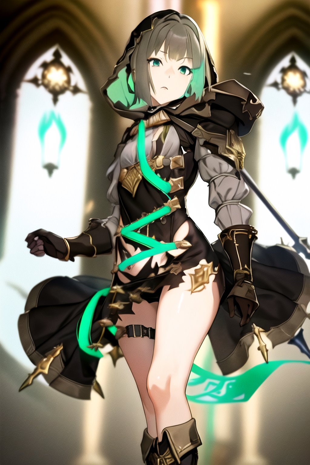 <lora:gretel:1>,gretel , sinoalice, teal eyes, short hair, bob hair, brown dress, glowing teal ribbon, brownt hood,  brown boots, looking at viewer,((dynamic pose)), at candlelight cathedral, full body, depth of field, dynamic angle, dynamic light,best quality ,masterpiece, high resolution, detailed