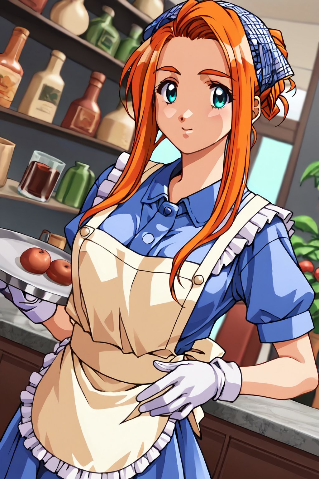 score_9, score_8_up, score_7_up, score_6_up, score_5_up, score_4_up, source_anime,kanou makoto, makoto_red, orange hair, single hair bun,1girl, solo, smile, apron, blue shirt, blue skirt, frilled apron, frills, gloves, head scarf, shirt, short sleeves, skirt, uniform, waist apron, waitress, white apron, white gloves, food, tray, food tray, indoors, restaurant, looking at viewer, dutch angle, cowboy shot,masterpiece, perfect face, best quality, beautiful girl, blurry background, cute girl, beautiful eyes, shiny eyes, anime coloring, anime screencap, absurdres, <lora:akiyama midori anyt 905:0.8>