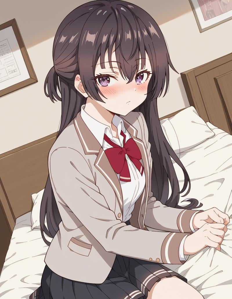 score_9, score_8_up, score_7_up, source_anime, <lora:yuki-suou-alpha-ponyxl-lora-nochekaiser:1>, yuki suou, long hair, bangs, brown hair, black hair, hair between eyes, purple eyes, half updo,, shirt, bow, school uniform, jacket, white shirt, collared shirt, bowtie, red bow, blazer, red bowtie, black skirt, pleated skirt,, indoors, bed, bed room, on side, blush, drunk, looking at viewer, solo,, cowboy shot, dutch angle