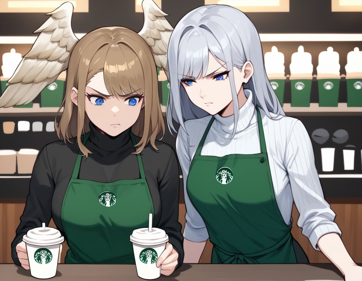 score_9, score_8, score_7, source_anime,<lora:xb3-ponyxl-000003:0.45>2girls, annoyed, turtleneck, barista, starbucksBREAKeunie, head wingsBREAKethel, silver hair