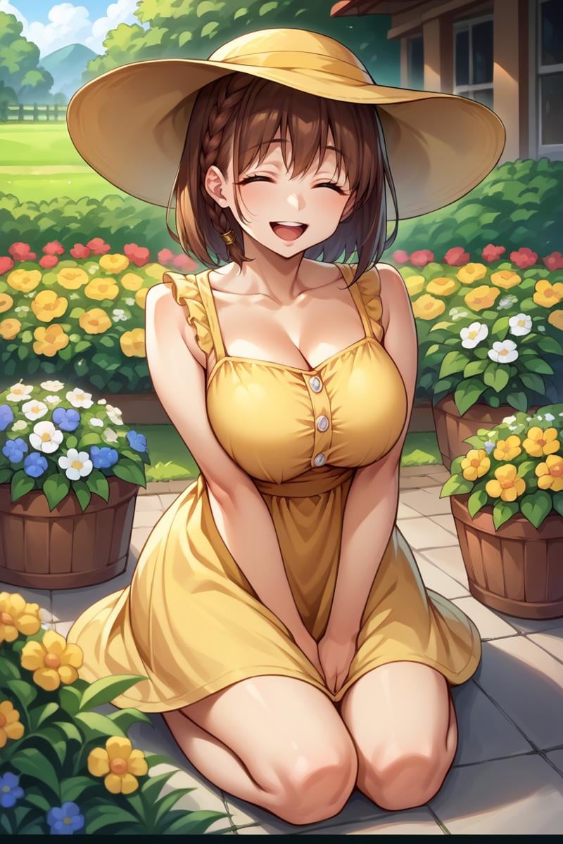 score_9, score_8_up, score_7_up, score_6_up, source_anime, BREAK 1girl, solo,  <lora:aichan-pdxl-nvwls-v1-000005:1> aichan, brown hair, braid, large breasts, yellow sun hat, yellow sundress, garden, happy, closed eyes, flowers, kneeling