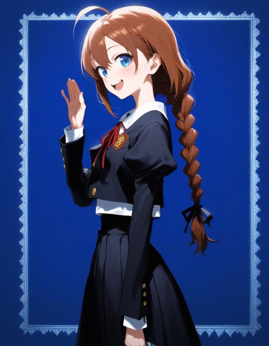 1girl, :d, ahoge, black ribbon, black skirt, blue background, blue eyes, blush, border, braid, braided ponytail, brown hair, cropped jacket, from side, gradient background, hand up, high-waist skirt, juliet sleeves, long hair, long sleeves, looking at viewer, looking to the side, low ponytail, open mouth, outside border, puffy sleeves, ribbon, school uniform, single braid, skirt, smile, solo, standing, teeth, upper body, upper teeth only, white border, yurigaoka girls academy school uniform 