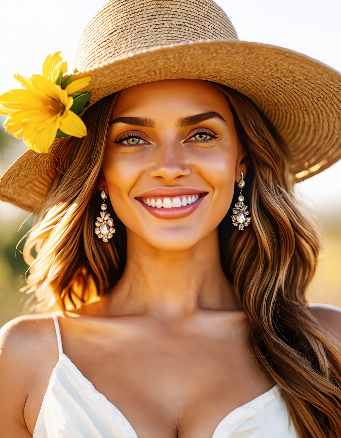 (best quality, 4K, 8K, high-resolution, masterpiece), ultra-detailed, realistic, photorealistic, woman, looking at viewer, smile, brown hair, hat, cleavage, jewelry, green eyes, upper body, flower, earrings, blurry, grin, blurry background, sun hat, yellow flower, hat flower, realistic