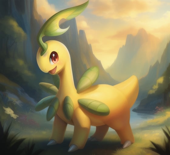 Masterpiece, best quality,bayleef,(yellow body:1.1),small tail,leaf on the head,beautiful landscape,solo, no human, happy,pokemon \(creature\), daytime,beautiful eyes,full body,yellow abdomen,(1 toes:1.2),quadruped,