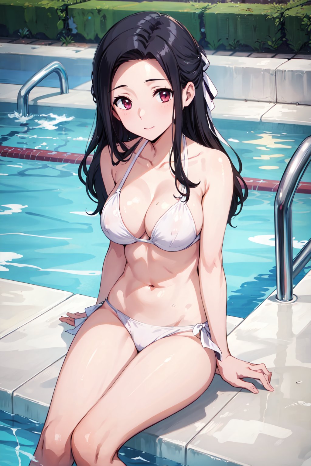 runashirakawa, 4k, absurd, high resolution, very high resolution, high definition, masterpiece, upper body, white bikini, pool, v-arms, sitting, v legs<lora:EMS-372498-EMS:0.700000>