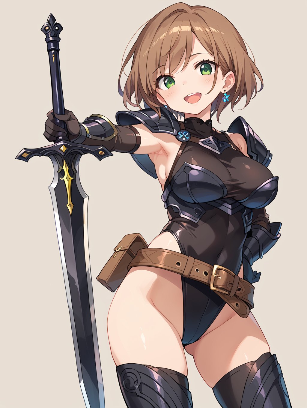 score_9, score_8_up, score_7_up,source_anime,BREAK, noir armor, black highleg leotard, black shoulder armor, black elbow gloves, 1girl, solo, holding, sword, large breasts, green eyes, brown hair, black thigh boots, earrings, short hair, brown belt, open mouth, smile, blush, standing, armpits, looking at viewer, , simple background,  , 