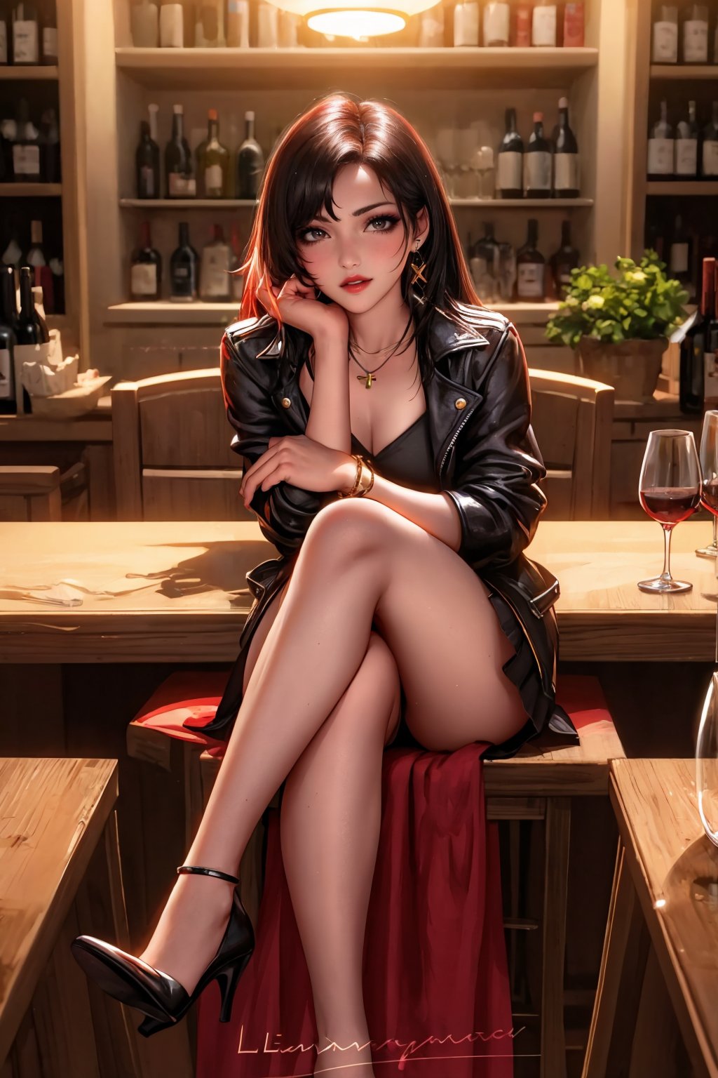(masterpiece, best quality:1.2), <lora:liangxing:1>, liangxing, 1girl, solo, high heels, wine glass, crossed legs, sitting, jewelry, necklace, cup, long hair, black hair, lipstick, drinking glass, skirt, makeup, jacket, wine, earrings, alcohol, red lips, head rest