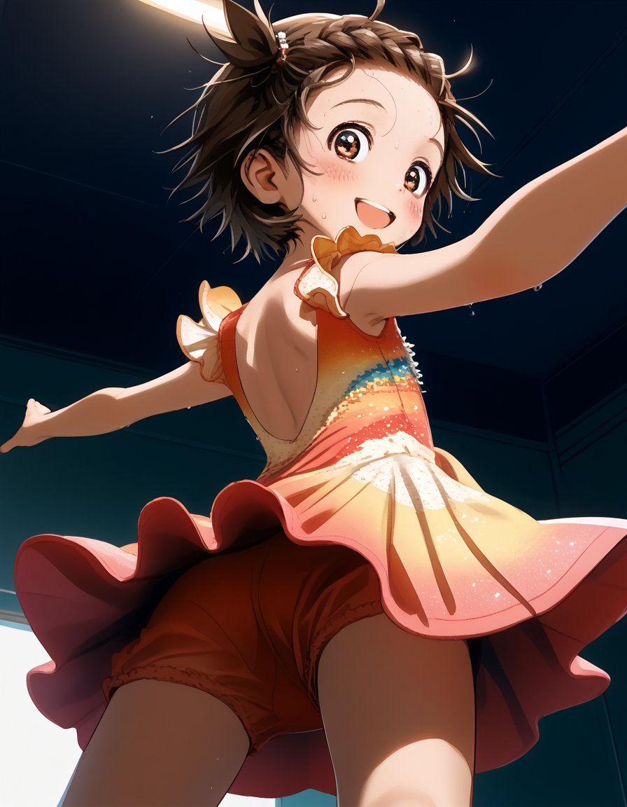 <lora:YuitsukaInori_pony_v01:0.8> yuitsuka inori, 1girl, solo, skate costume, short dress, outstretched arms, smile, sweating, open mouth, blush, looking back,  from behind, backless dress, from below