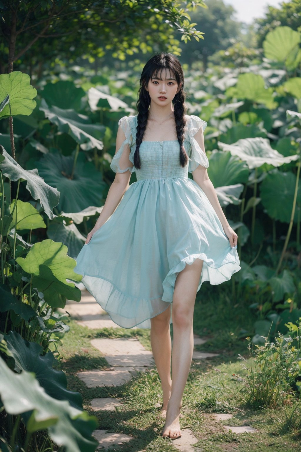 (RAW photo, 4k, realistic),masterpiece,best quality,official art,ultra-high resolution,original photo,8k quality,ultra realistic,ultra realistic,extremely beautiful skin,full body,1 girl,standing in lotus leaves,black eyes,braids,long hair,blue dress,solo,double ponytails,black hair,realistic,barefoot,lotus pond,flowers,sky,clouds,stunning beauty,stunning details,vibrant and contrasting colors,movie photos,(soft lighting:1.4),(Hasselblad photography),(movie lighting),soft lighting,dynamic angles,vivid lighting Exquisite technique,harmonious composition,cowboy photography,