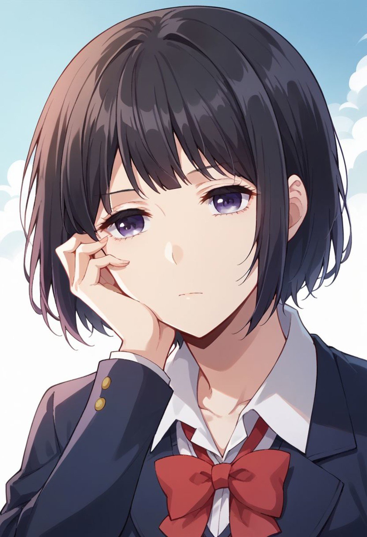 score_9, score_8_up, score_7_up, score_6_up, score_5_up, score_4_up,yasuraoka hanabi, black hair, short hair, purple eyes, 1girl, solo, school uniform, bow, hand on own face, bob cut, expressionless, upper body, head rest, bowtie, hand on own cheek, sky