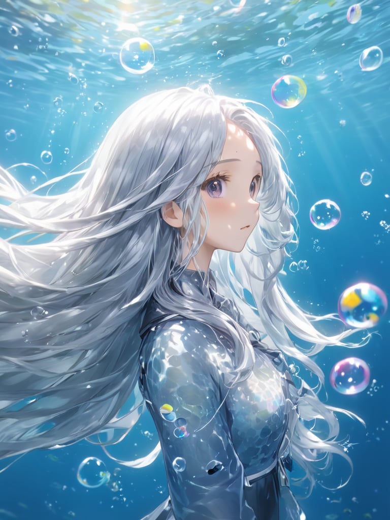 absurdres, highres, ultra detailed,very long silver hair, bubble, air_bubble, underwater, fish, submerged, solo, water,(Impressionism:1.4),looking afar