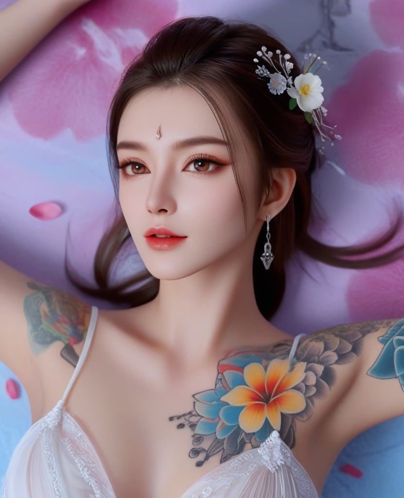 <lora:612-DA-XL-少年白马醉春风-玥瑶:0.8>(,1girl, ,best quality, ),looking at viewer,  ,,ultra detailed background,ultra detailed background,ultra realistic 8k cg,, ,masterpiece, (( , )),ultra realistic 8k cgSurrounded by strange, movie perspective, advertising style, Colorful background, splash of color A beautiful woman with delicate facial features,tattoo all over body, flower arms,from above,