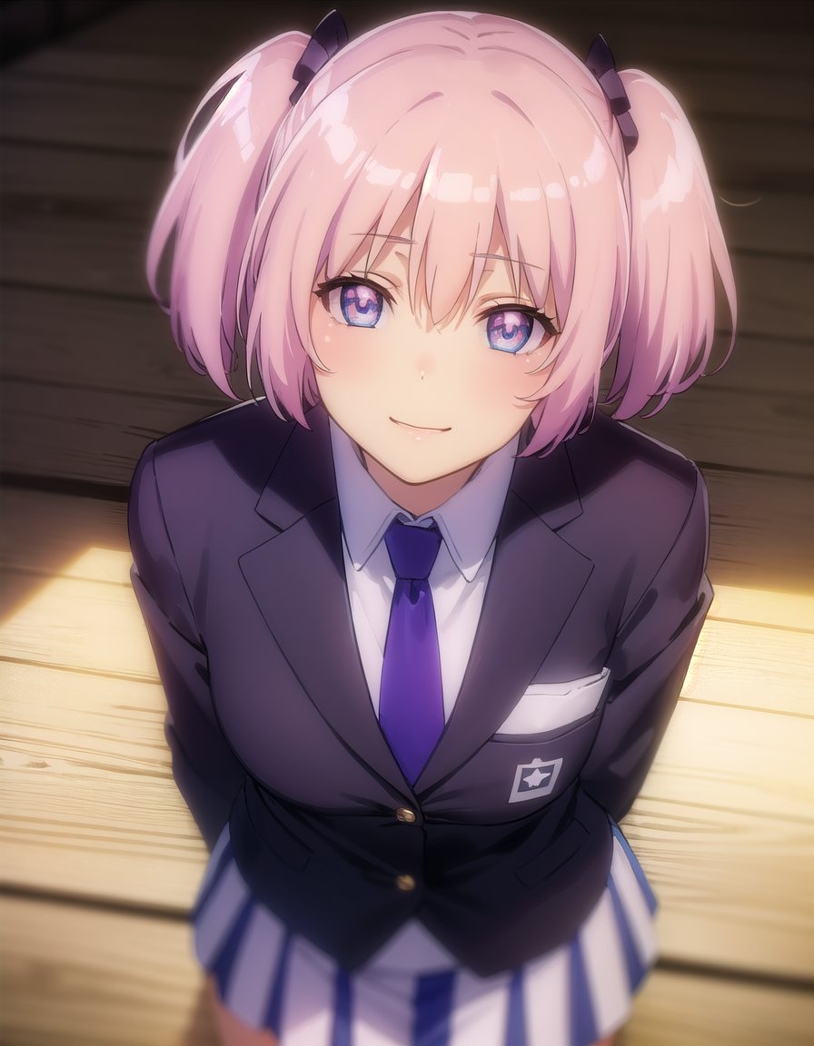 skhibari, <lora:sk hibari s1-lora-nochekaiser:1>,hibari, short hair, bow, twintails, pink hair, hair bow, symbol-shaped pupils, short twintails, blue eyes,BREAK skirt, bow, school uniform, necktie, purple skirt,BREAK outdoors, classroom,BREAK looking at viewer, (cowboy shot:1.5), smile,BREAK <lyco:GoodHands-beta2:1>, (masterpiece:1.2), best quality, high resolution, unity 8k wallpaper, (illustration:0.8), (beautiful detailed eyes:1.6), extremely detailed face, perfect lighting, extremely detailed CG, (perfect hands, perfect anatomy),