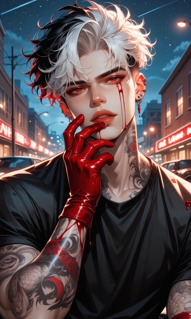 score_9, score_8_up, score_7_up, solo, looking at viewer, short hair, shirt, black hair, red eyes, 1boy, jewelry, upper body, white hair, male focus, multicolored hair, earrings, outdoors, parted lips, sky, two-tone hair, black shirt, blood, tattoo, muscular, night, piercing, thick eyebrows, ground vehicle, building, ear piercing, night sky, motor vehicle, blood on face, car, road, arm tattoo, blood on clothes, lamppost, blood on hands, neck tattoo, lip piercing <lora:MarvelFboi1.3:1>