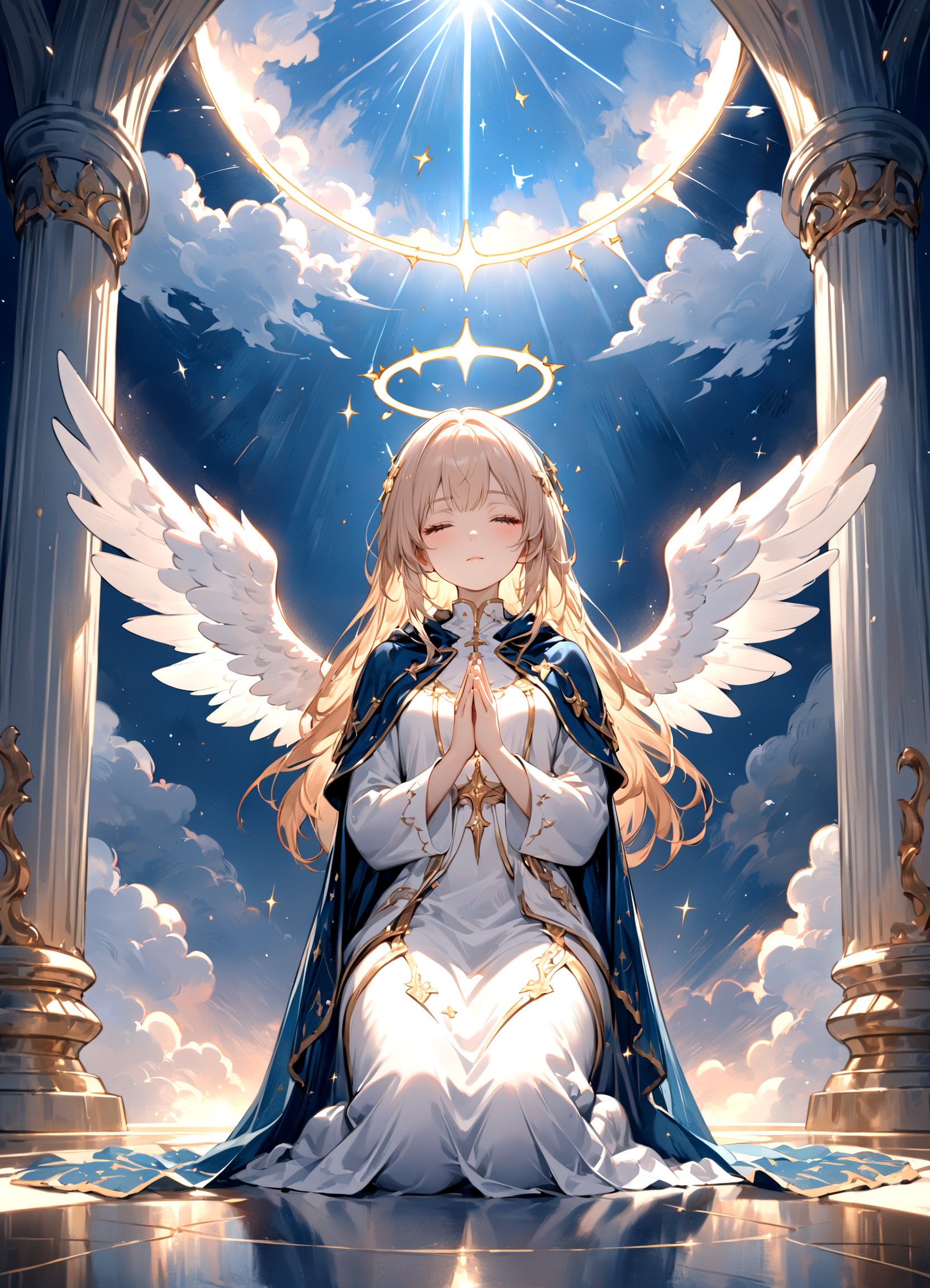 painting of a woman wearing shabby cape kneeling on the ground praying to the sky for peace.looking down. (praying:1.5).the sky is cloudy but with some sunlight rays through the clouds, light particles surrounded the woman. delicate face, pretty face, masterpiece, highres, delicate details, angel wings in the sky.celestial, ethereal, painterly, epic, magical, fantasy art, dreamy, vibrant, beautiful, detailed, textural,holy lighting, halo,Pillar of light