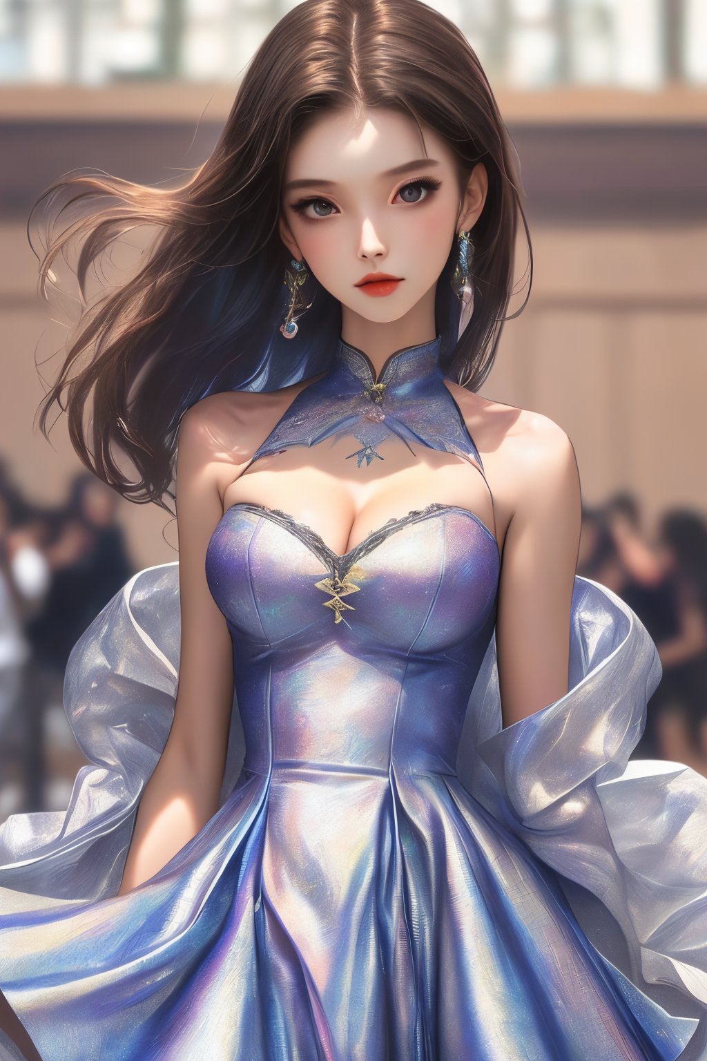 caihong,1girl,solo,dress,upper body,looking at viewer,breasts,blurry background,bare shoulders,<lora:caihong1.5:0.8>,