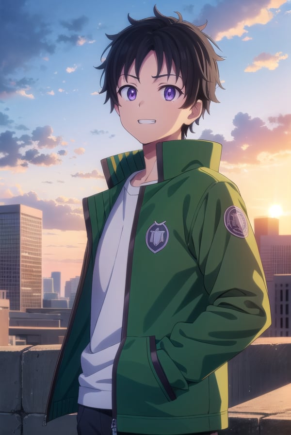 akiratendou, <lora:akira tendou s1-lora-nochekaiser:1>,akira tendou, short hair, black hair, male focus, wide-eyed, (purple eyes:1.1), smile, grin,BREAK shirt, jacket, white shirt, open clothes, pants, open jacket, black pants, green jacket,BREAK outdoors, city, sun, sky, clouds,BREAK looking at viewer, (cowboy shot:1.5),BREAK <lyco:GoodHands-beta2:1>, (masterpiece:1.2), best quality, high resolution, unity 8k wallpaper, (illustration:0.8), (beautiful detailed eyes:1.6), extremely detailed face, perfect lighting, extremely detailed CG, (perfect hands, perfect anatomy),