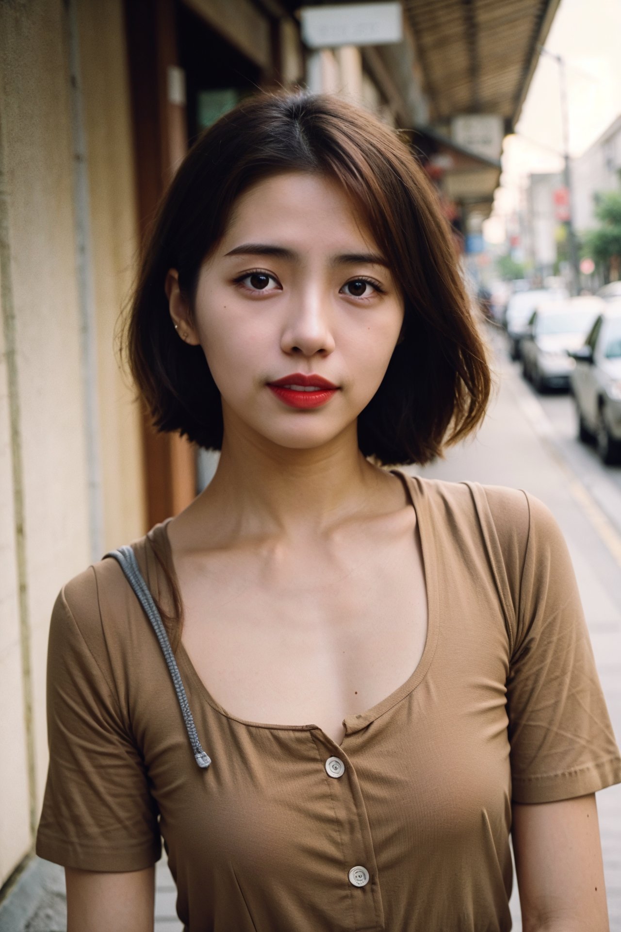 Raw photo, woman, smile,  (seductive), vintage shirt, cinematic, old streets of  Taiwan,<lora:aiManjaYTL-10:0.8>