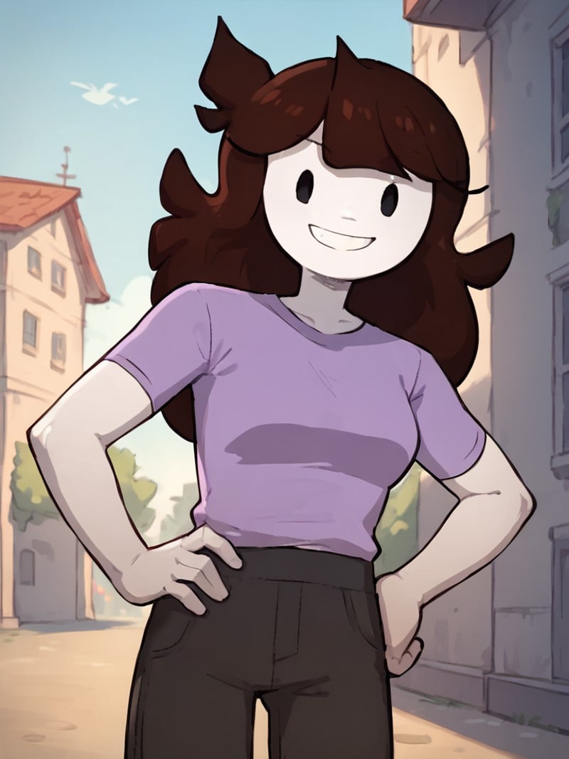 <lora:JaidenPony1.0:1> jaiden, 1girl, purple shirt, long hair, solo, brown hair, flat color, short sleeves, white skin, grey pants, black eyes,looking at viewer, hand on own hip,smile,  outside, score_9, score_8_up, score_7_up, score_6_up <lora:Smooth Anime Style LoRA XL:1>