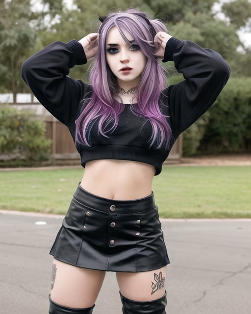 solo,random girl,random makeup,random top,random skirt or pants,random hair color,random breast size,random style either emo punk or goth styles,very form fitting clothing,open clothes, perfect features, perfect limbs