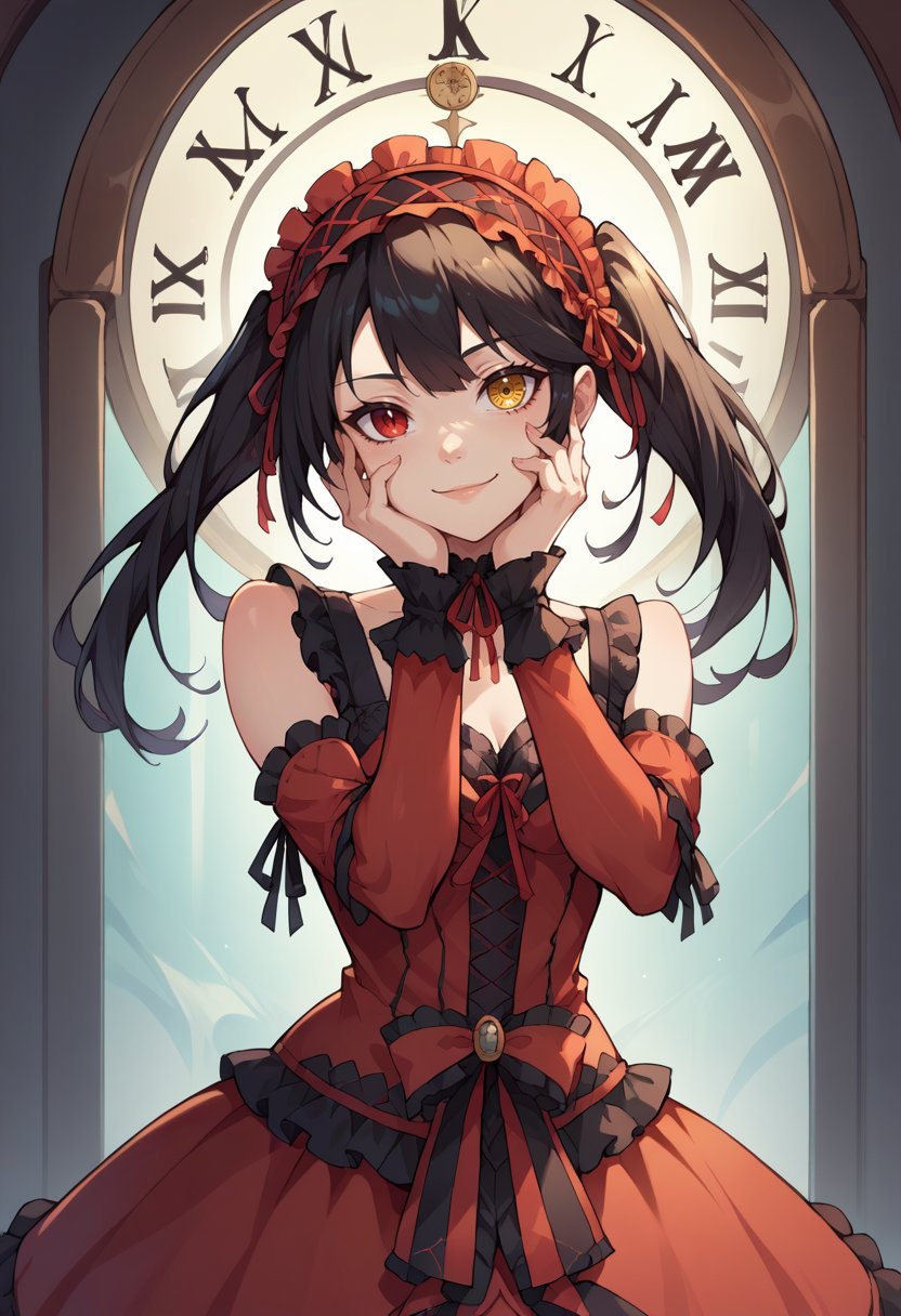 score_9, score_8_up, score_7_up, source_anime, KurumiBase, clock eyes, red eye, yellow eye, heterochromia, black hair, twintails, hairband, red dress, frills, detached sleeves, frilled choker, light smile, head tilt, hands on own cheek, <lora:ChamTokisakiKurumiPDXL:1>