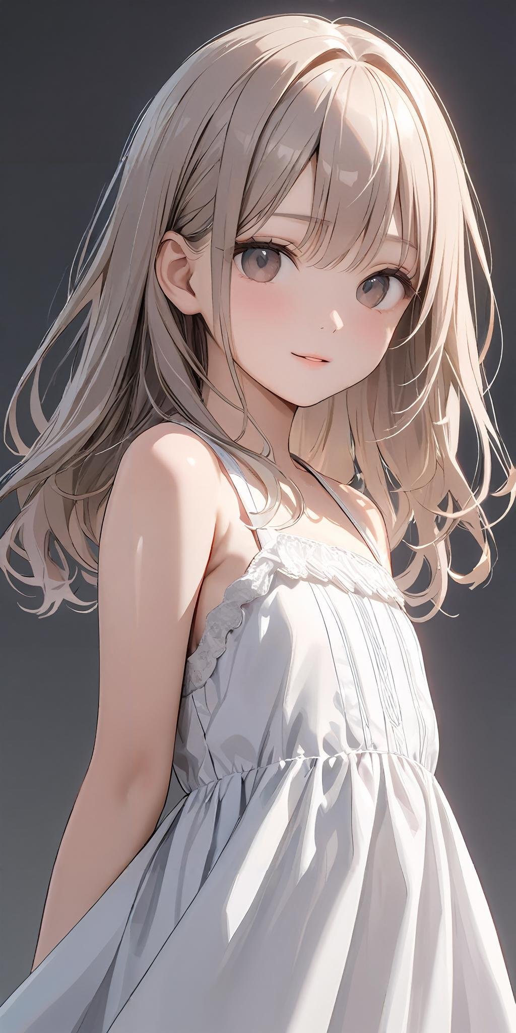 masterpiece,ultra-detailed,best quality,8K,illustration,cute face,clean skin ,shiny hair,girl,simple background <lora:add-detail-xl:1>   <lora:camisole dress_XL_V1.0:0.8>jyoji fuku, dress,bare shoulders