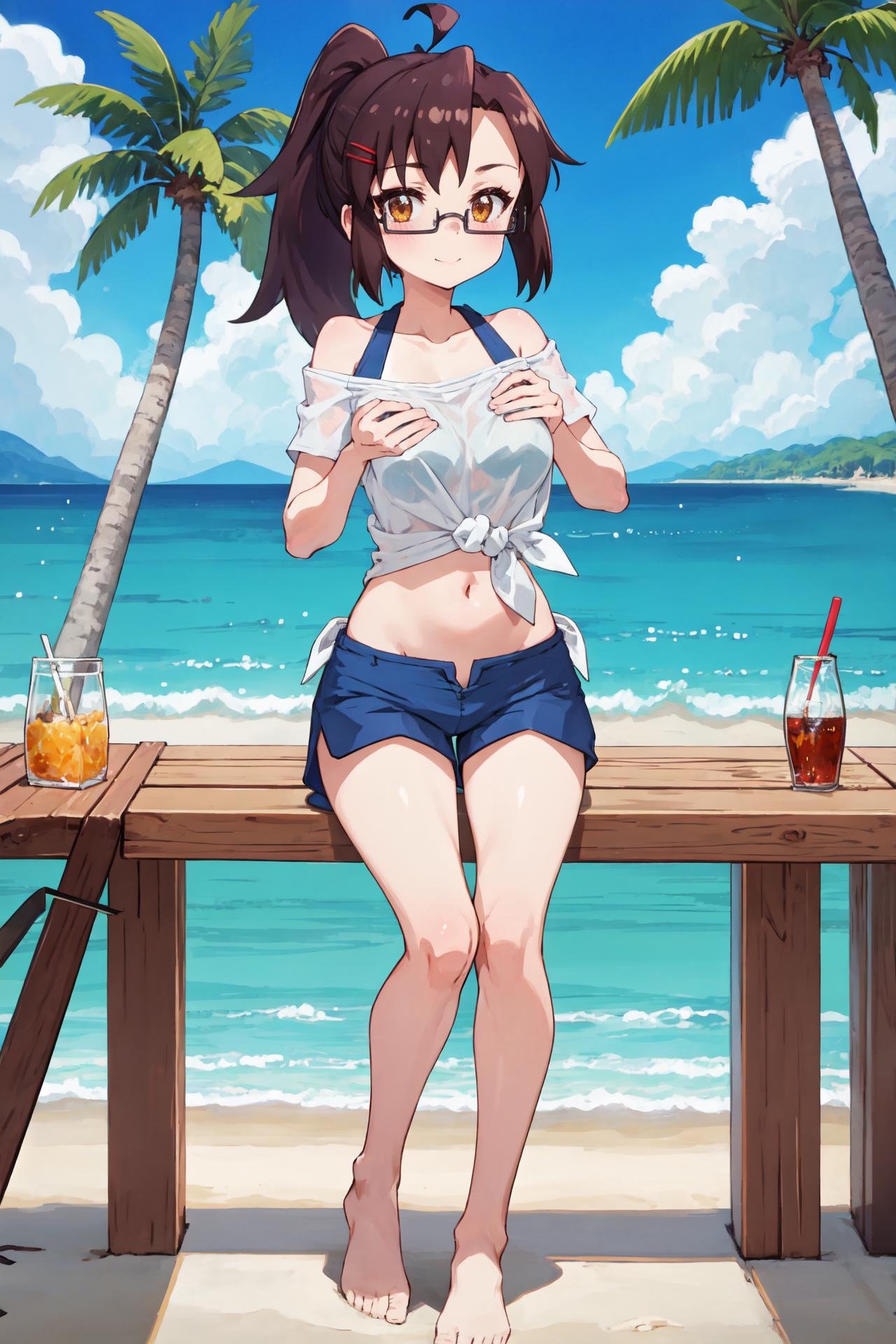 Masterpiece, best quality, perfect lighting, ((nice hands)), perfect hands, 1girl, solo, yasuko3, brown hair, ahoge, ponytail, hair barettes, amber eyes, square black glasses, white cut off shirt, blue shoulder straps, blue shorts, full body pov, beach scene, ocean, palm trees, looking at viewer, <lora:Yasuko:0.75>