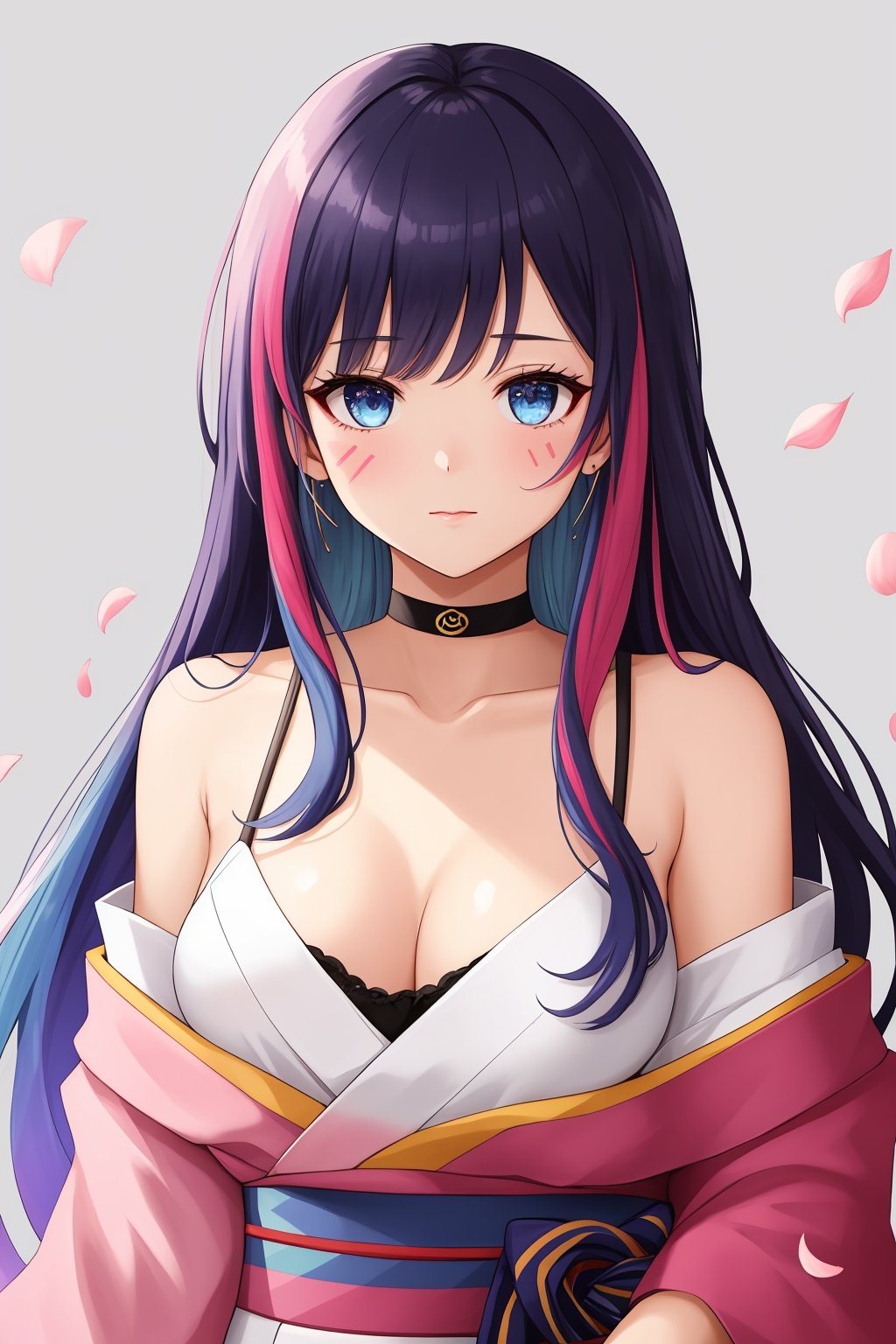 1girl,solo,long hair,breasts,looking at viewer,bangs,blue eyes,black hair,bare shoulders,closed mouth,blue hair,collarbone,upper body,pink hair,white hair,multicolored hair,small breasts,japanese clothes,choker,kimono,off shoulder,streaked hair,petals,facial mark,multicolored background,