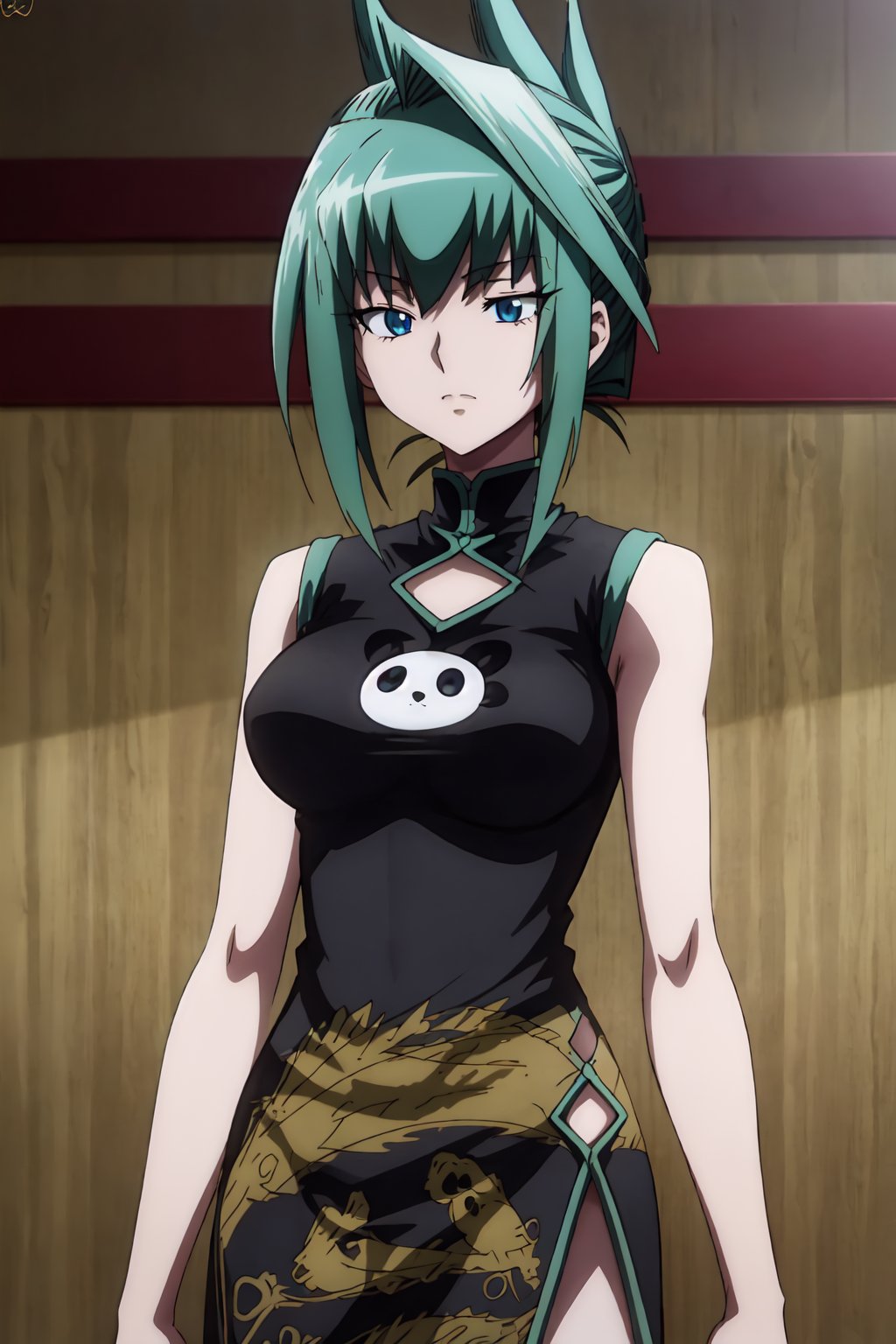 TaoJun, 4k, absurd, high resolution, very high resolution, high definition, masterpiece, green hair, chinese clothing, chinese dress, dress, bare shoulders, sleeveless, black dress, big breasts, long hair, sleeveless dress, folded ponytail, blue eyes, upper body<lora:EMS-390424-EMS:1.000000>