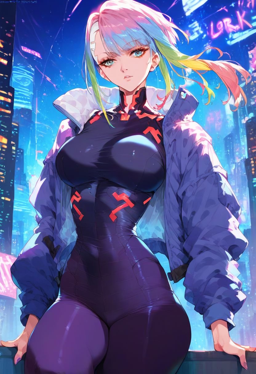 score_9, score_8_up, score_7_up, score_6_up, score_5_up, rating_questionable, mixed_artstyle, 1girl, solo, lucy \(Cyberpunk\), multicolored eyes, multicolored hair, neon, cyberpunk