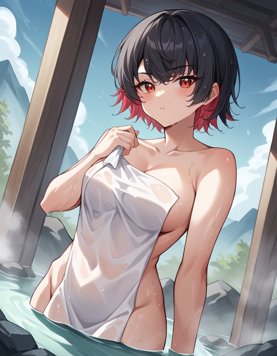 score_9, score_8_up, score_7_up, source_anime, ellenjoe, <lora:ellen-joe-ponyxl-lora-nochekaiser:1>, ellen joe, black hair, colored inner hair, multicolored hair, red eyes, red hair, short hair, two-tone hair,, nude, naked, outdoors, onsen, towel, naked towel, steam, bathing, nude cover, partially submerged, water, bath, steam censor, wet towel, blush, looking at viewer, solo, cowboy shot, dutch angle