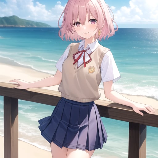 ((masterpiece)),(best quality),official art,extremely detailed CG,unity 8k wallpaper,ultra detailed,A lighthouse on a cliff by the sea,1girl,solo,cowboy shot,looking at viewer,sonogami rinne,white shirt,medium hair,school uniform,beige vest,blue skirt,blush,collared shirt,braid,hair between eyes,pink hair,pink eyes,red ribbon,pleated skirt,smile,white socks,loafers,<lora:Sonogami Rinne(dal)>,