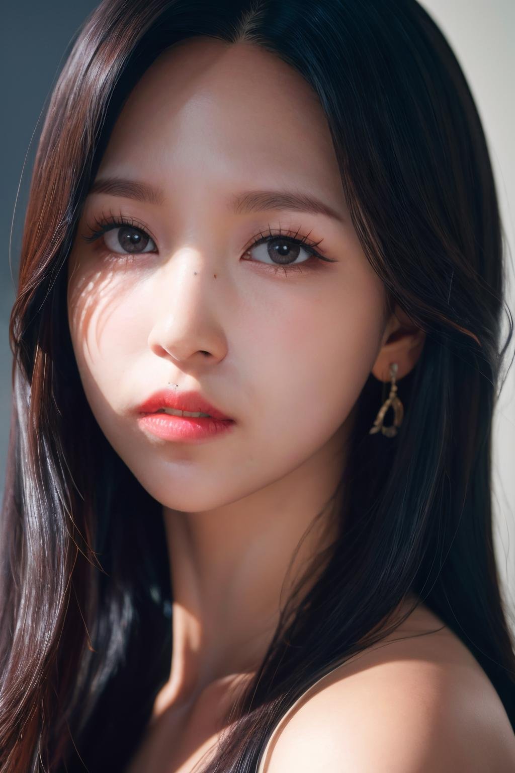 <lora:Twice Mina:1>, Mina, 1girl, solo, realistic, looking at viewer, photograph, photorealistic, beautiful and aesthetic, extremely detailed skin, extremely detailed hair, shadows, masterpiece, top quality, best quality, highres, ultra-high res, ultra-detailed, detailed lighting, high key lighting, vignetting,