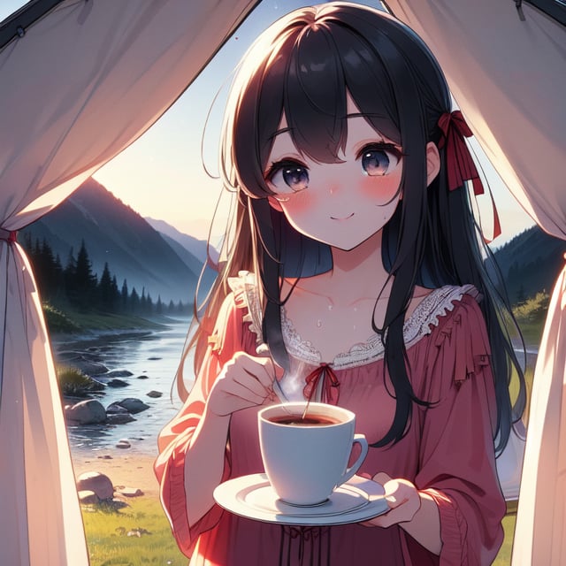 (((masterpiece))),  (((best quality))),  ((camping tent)),  ((open door curtain)),  ((holding coffee on plate)),  ((red frills chiffon pajamas)),  star \(sky\),  (((night))),  big tits,  collarbone,  sweat,  ribbon,  longhair,  smile,  shy,  blush,  grass,  gravel,<lora:EMS-272345-EMS:1.000000>