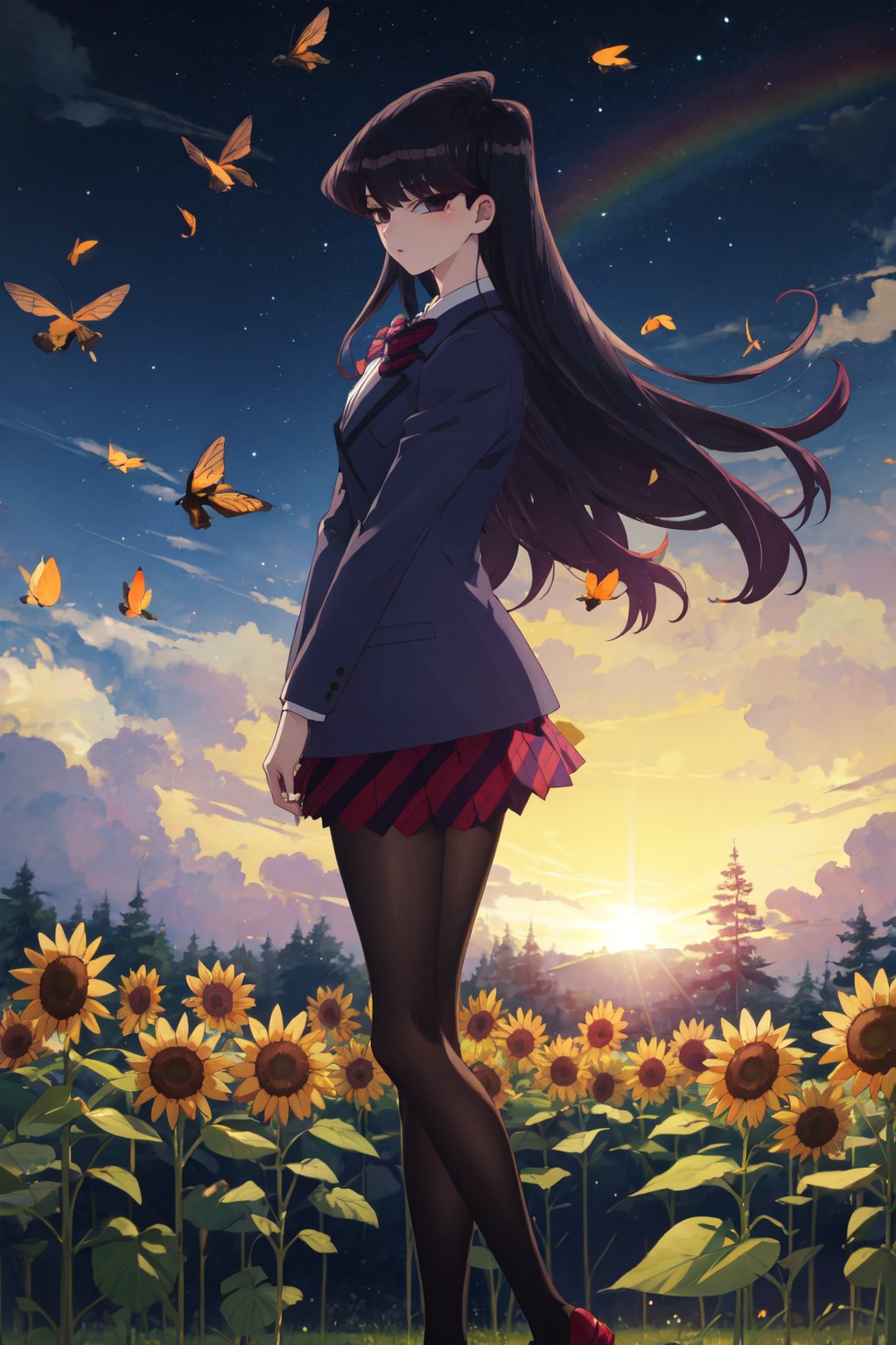 <lora:Shouko-000010:1>,Shouko CYQL,1girl,solo,looking at viewer,long hair,black hair,black eyes,school uniform,long sleeves,jacket,blue jacket,shirt,collared shirt,white shirt,bowtie,striped bowtie,skirt,red skirt,pleated skirt,striped skirt,pantyhose,black pantyhose,shoes,uwabaki,smile,profile,Sunflowers, Field, Dawn, Golden petals, Bees, Sunlight, Horizon, Harvest,(Moss-covered stones, Moss garden, Spring rain, Zen serenity, Refreshing drizzle, Japanese tranquility:0.5),beautiful detailed sky,beautiful detailed glow,posing in front of a colorful and dynamic background,masterpiece,best quality,beautiful and aesthetic,contrapposto,female focus,wallpaper,