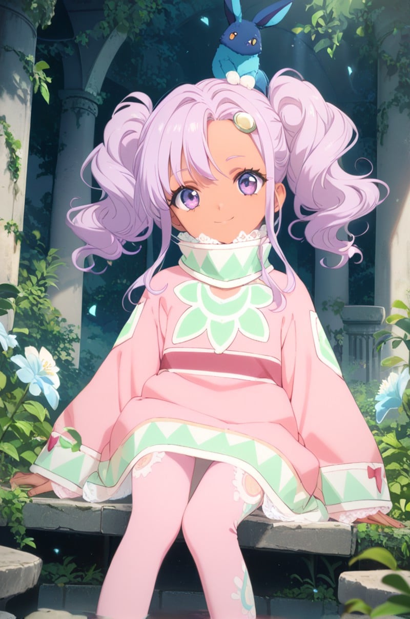 score_9, score_8_up, score_7_up, very aesthetic, source_anime, detailed,forest, ruins,cowboy shot, light smile, sitting, lookging at viewer,<lora:meredy_autismConfetti_v08:0.9>twintails,  purple hair, purple eyes, pink dress, pink legwear, lace trim, meredyBase, lace, long sleeves, high collar, sleeves lace, dark skin, zPDXL