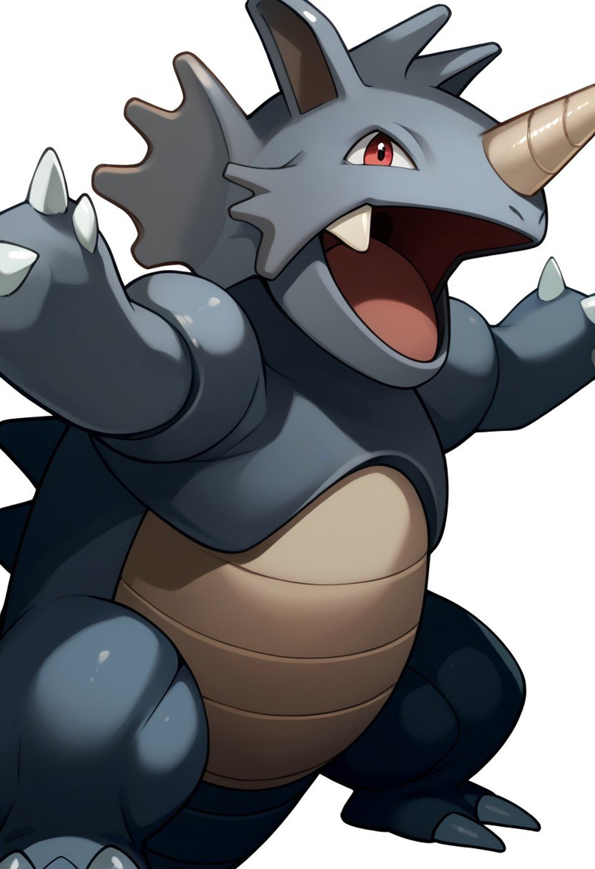 (source_anime, score_9, score_8_up, score_7_up:1), solo male, rhydon, feral, open mouth, looking at viewer, smile, simple background, white background